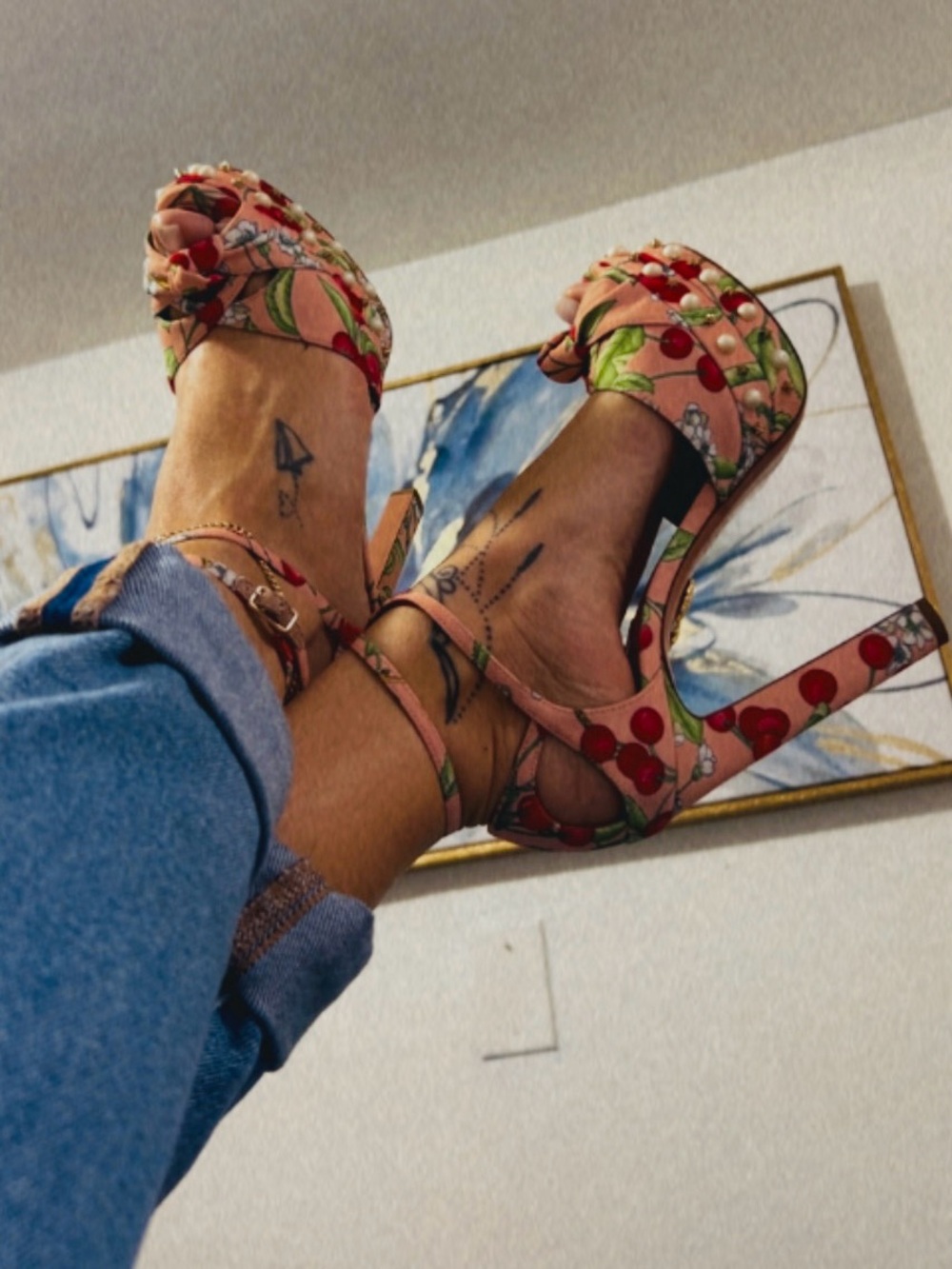 Aquazzura Cherry Floral Ankle-Strap Platform Heels - Pink & Red 💝 - Picture 4 of 8